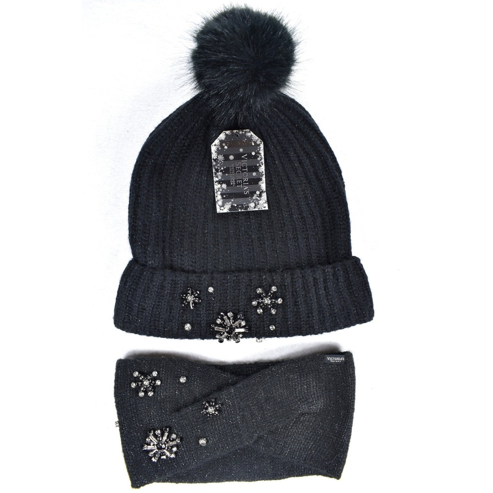 Victoria's Secret Snowflake Sparkle Pom-Pom Beanie and Headband Set Black NWT